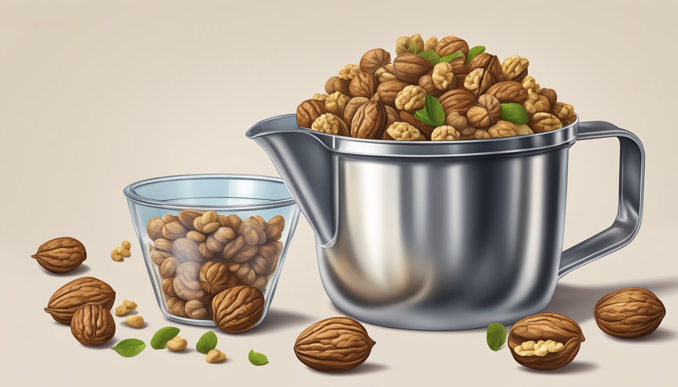 A pound of walnuts pouring into a measuring cup