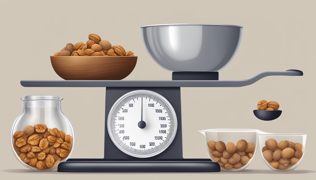 A scale with a pound of walnuts and a measuring cup