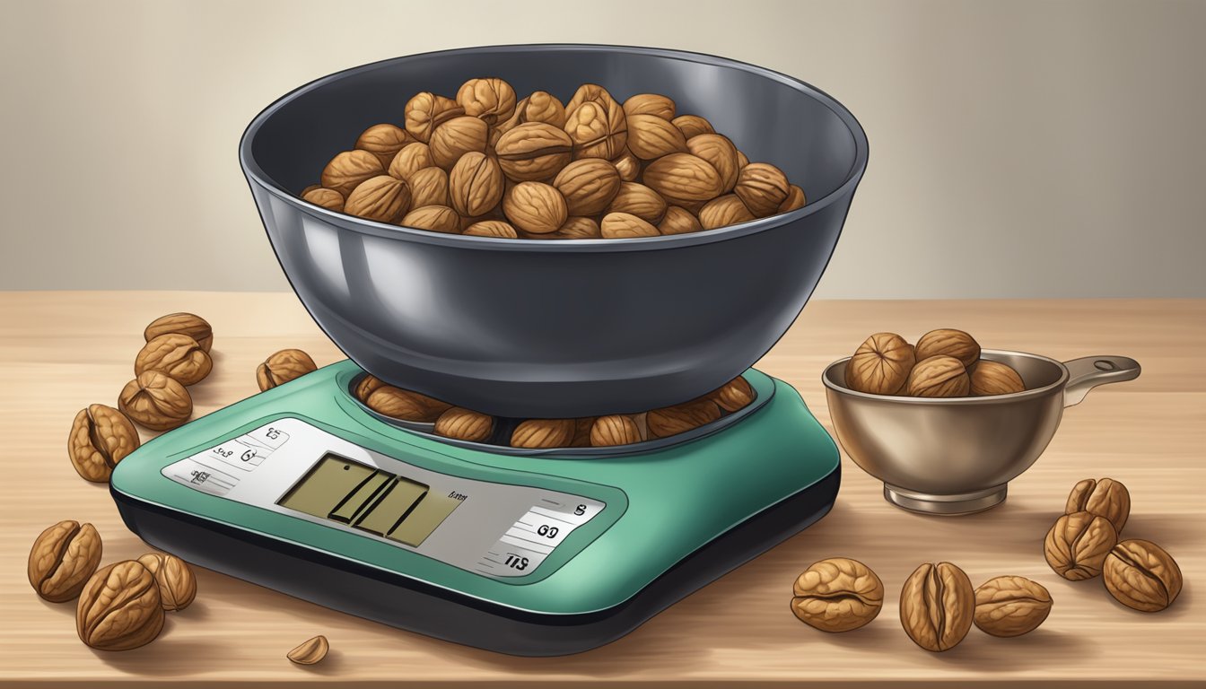 A pound of walnuts spills from a measuring cup onto a kitchen scale