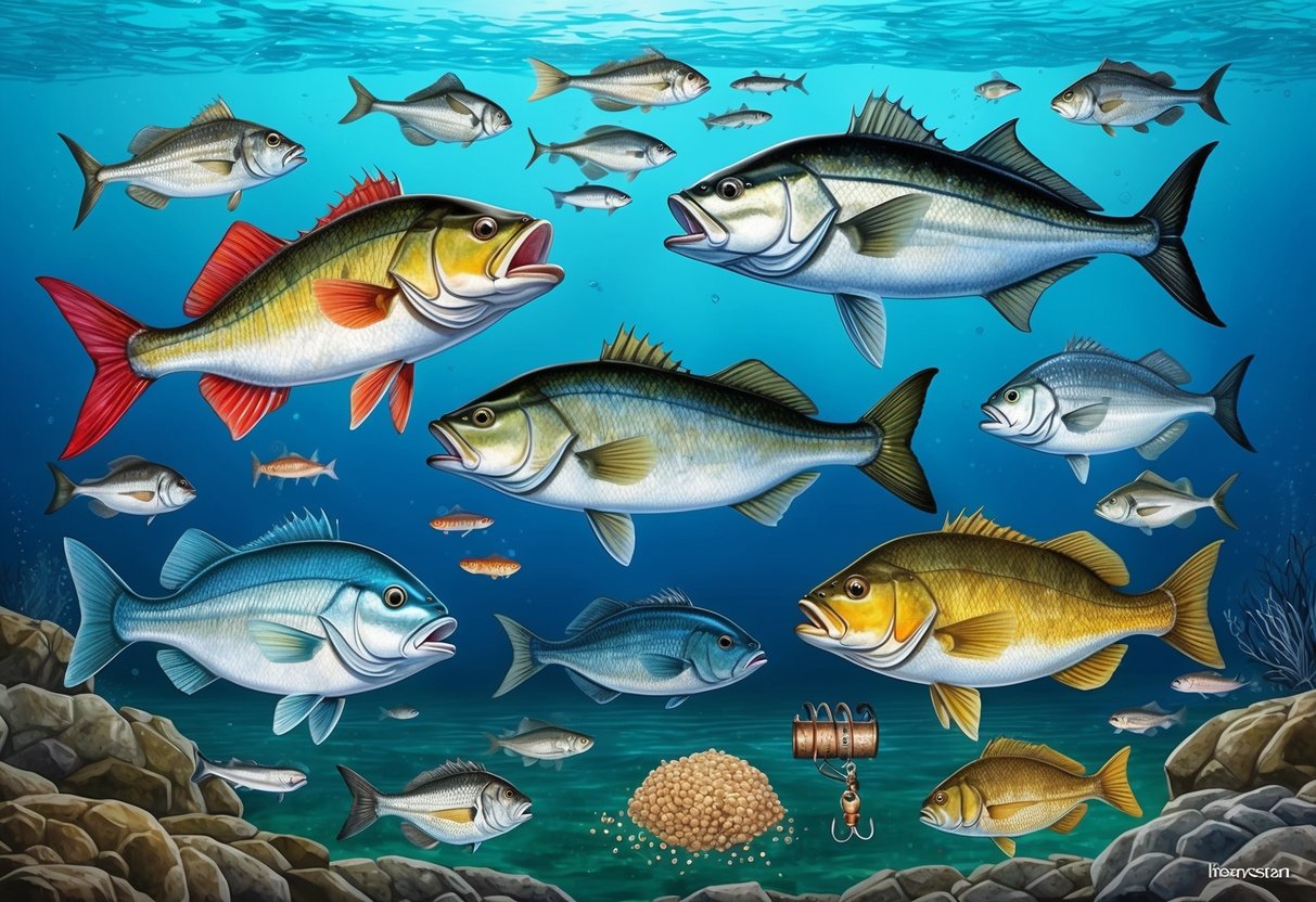A vibrant underwater scene with various saltwater game fish surrounding different types of bait, showcasing region-specific bait strategies