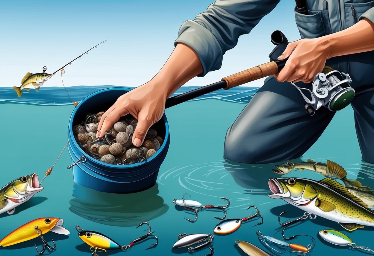 A fisherman's hand scoops up a bucket of live bait from the water, with a variety of fishing lures and equipment scattered nearby