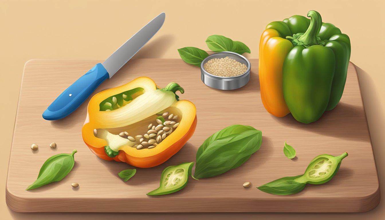 A medium bell pepper sits on a cutting board next to a measuring cup. The pepper is being sliced, and the seeds and stem have been removed