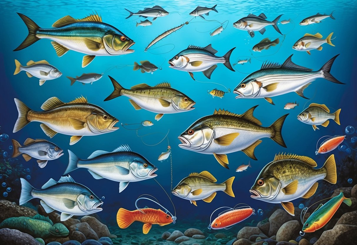 A vibrant underwater scene with various game fish swimming around different types of saltwater bait, showcasing the diversity of options for anglers