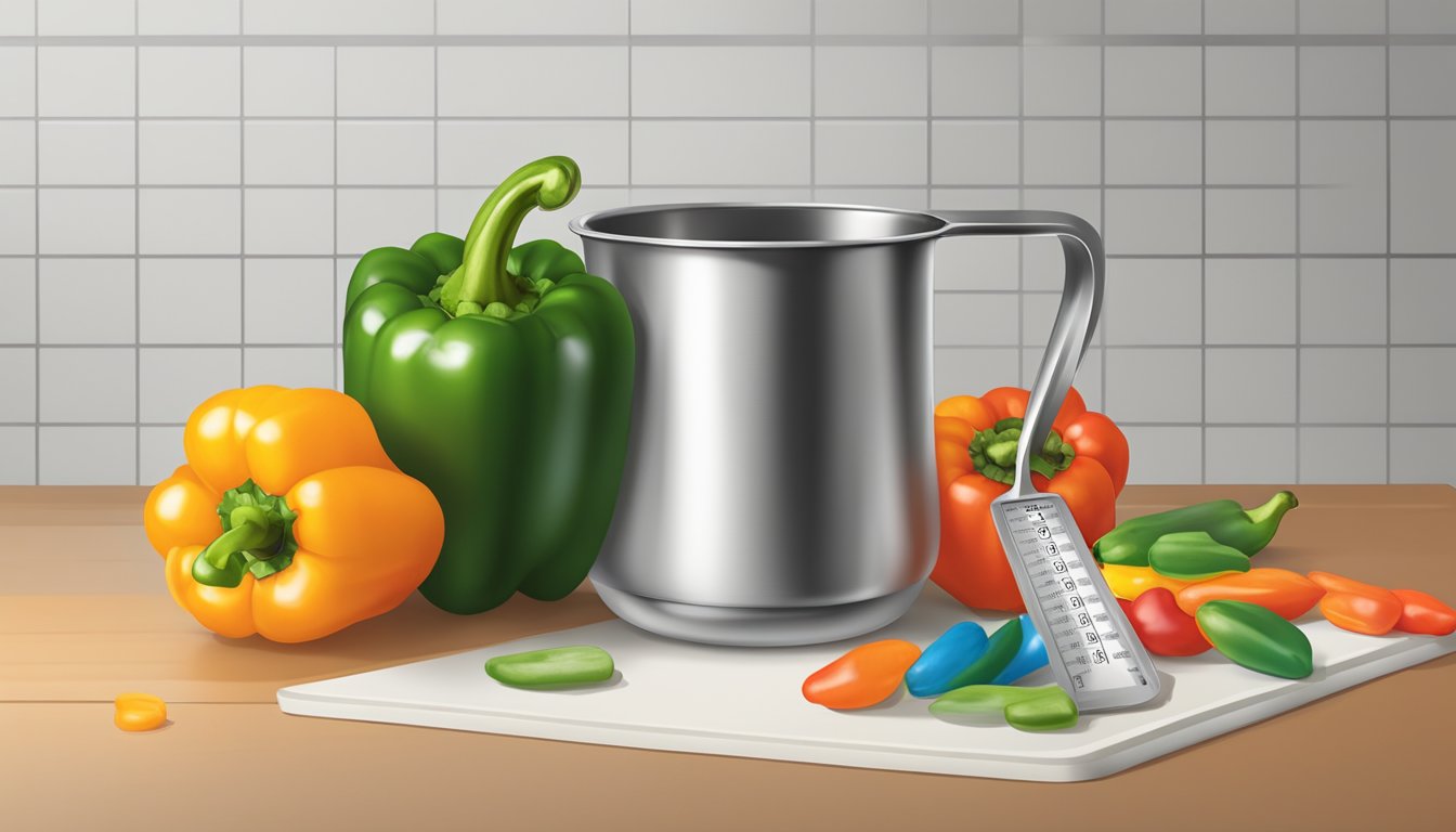 A medium bell pepper next to a measuring cup, with the pepper being filled with the equivalent amount of cups