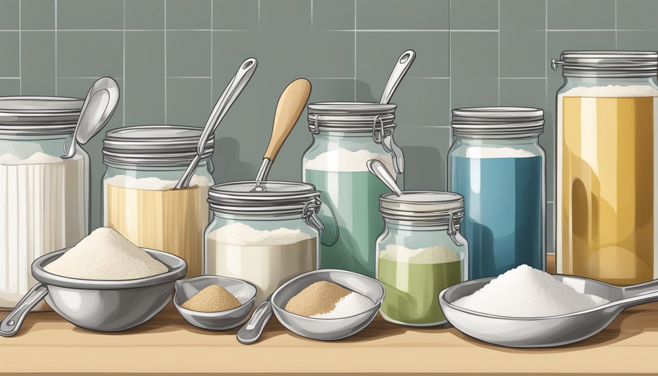 A set of measuring cups and spoons arranged neatly on a clean and organized kitchen counter, with various ingredients such as flour, sugar, and vanilla extract in labeled containers nearby