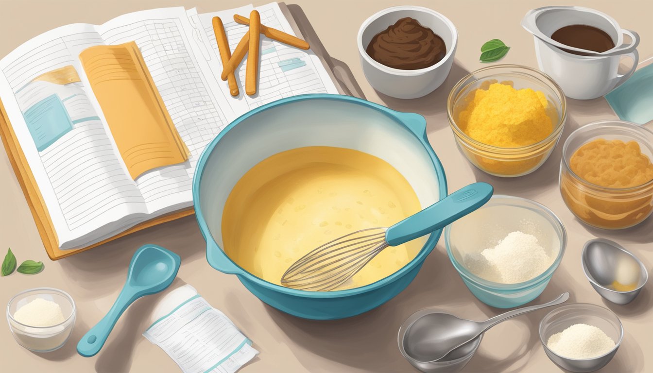 A mixing bowl with measured ingredients, a spoon, and a recipe book open to the cake filling page