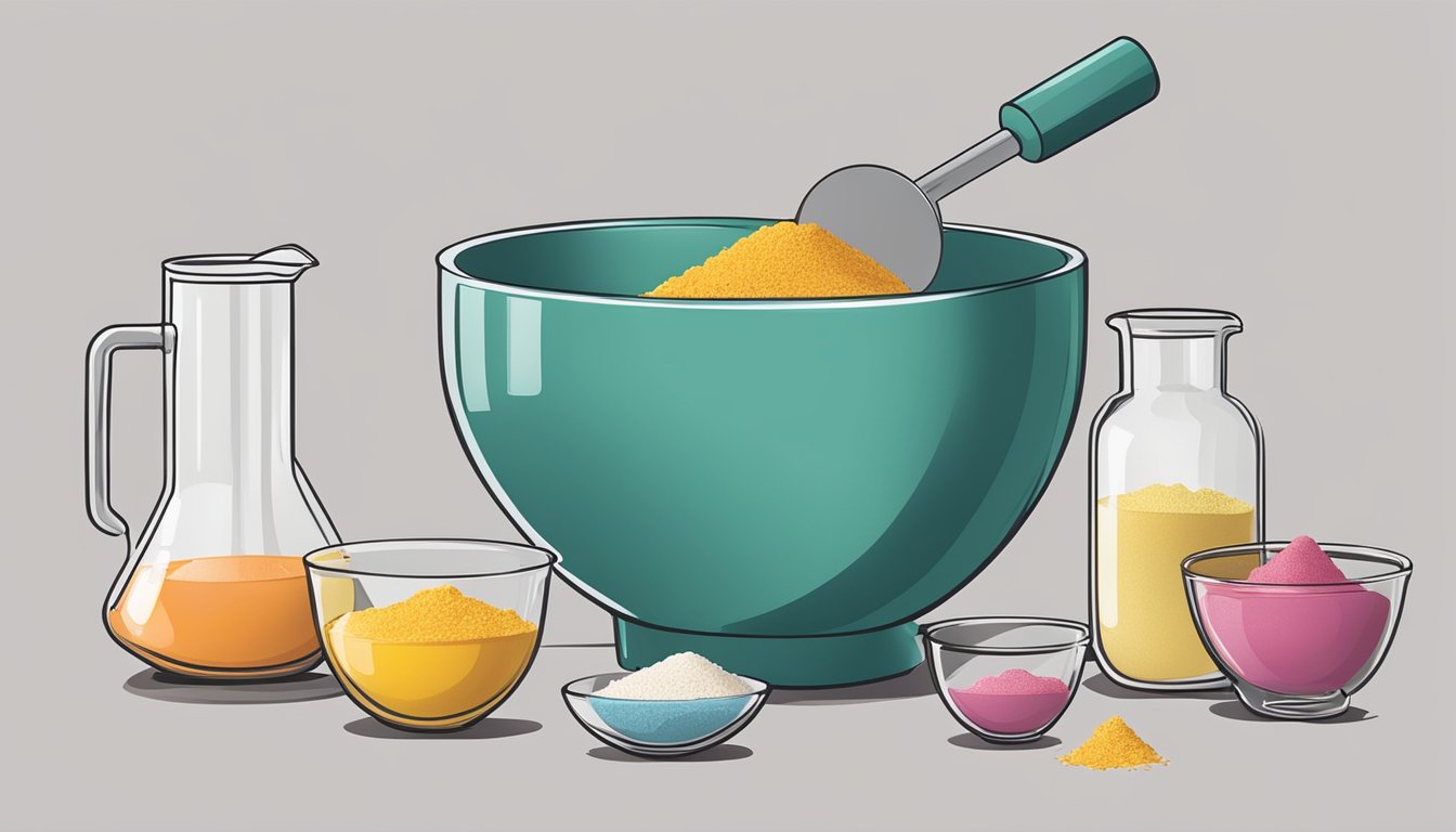 A hand pouring measured ingredients into a mixing bowl, with a scale and measuring cups nearby