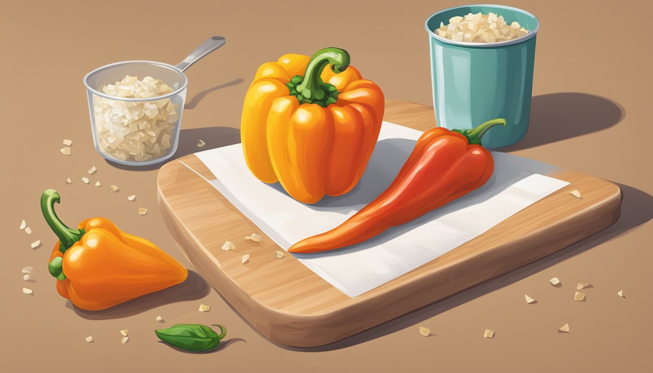 A medium bell pepper sits on a cutting board, next to a measuring cup filled with chopped pieces