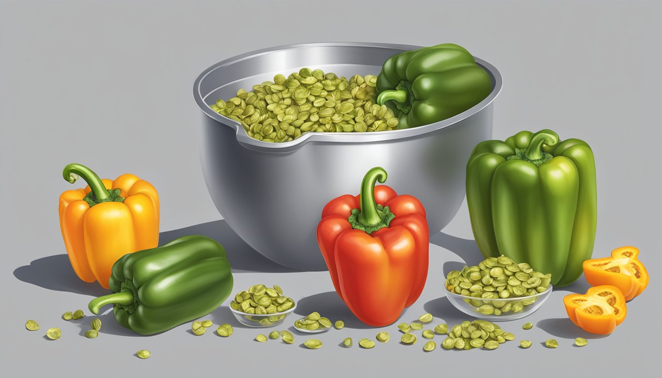 A medium bell pepper sliced open with seeds and stem removed, surrounded by measuring cups of various sizes