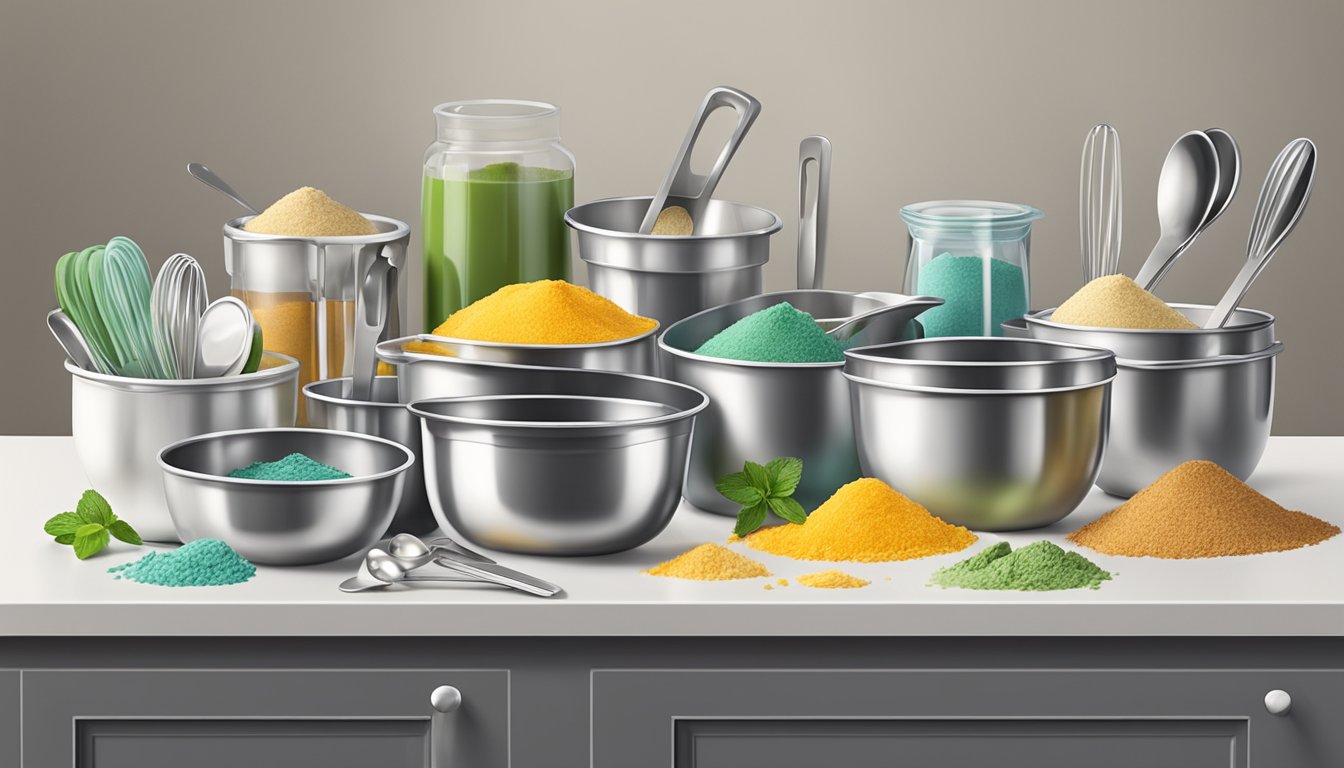 A set of measuring cups and spoons arranged neatly on a clean, well-lit kitchen counter, surrounded by bowls of various ingredients for a cake filling