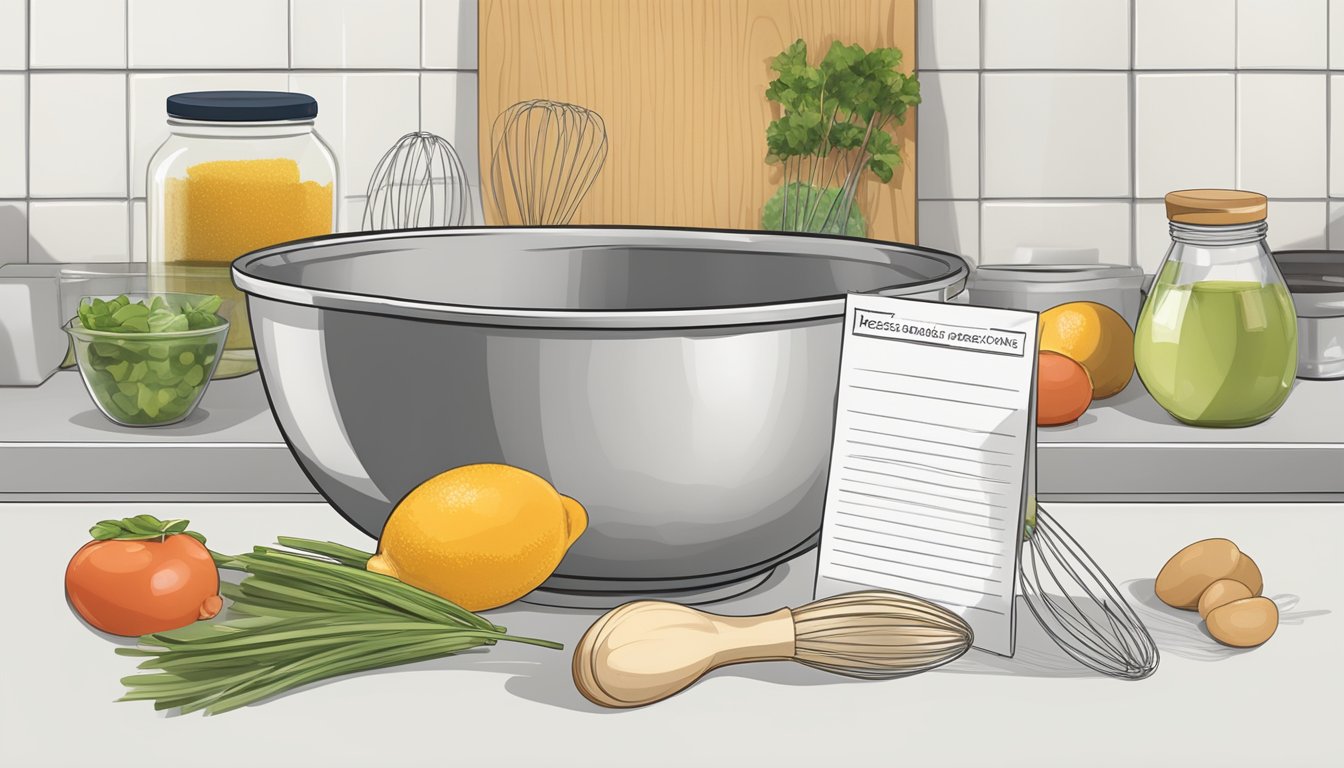 A mixing bowl with measured ingredients, a whisk, and a recipe card on a clean kitchen counter