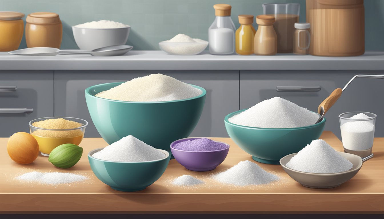 A measuring cup and spoon next to bowls of sugar, flour, and other ingredients on a kitchen counter