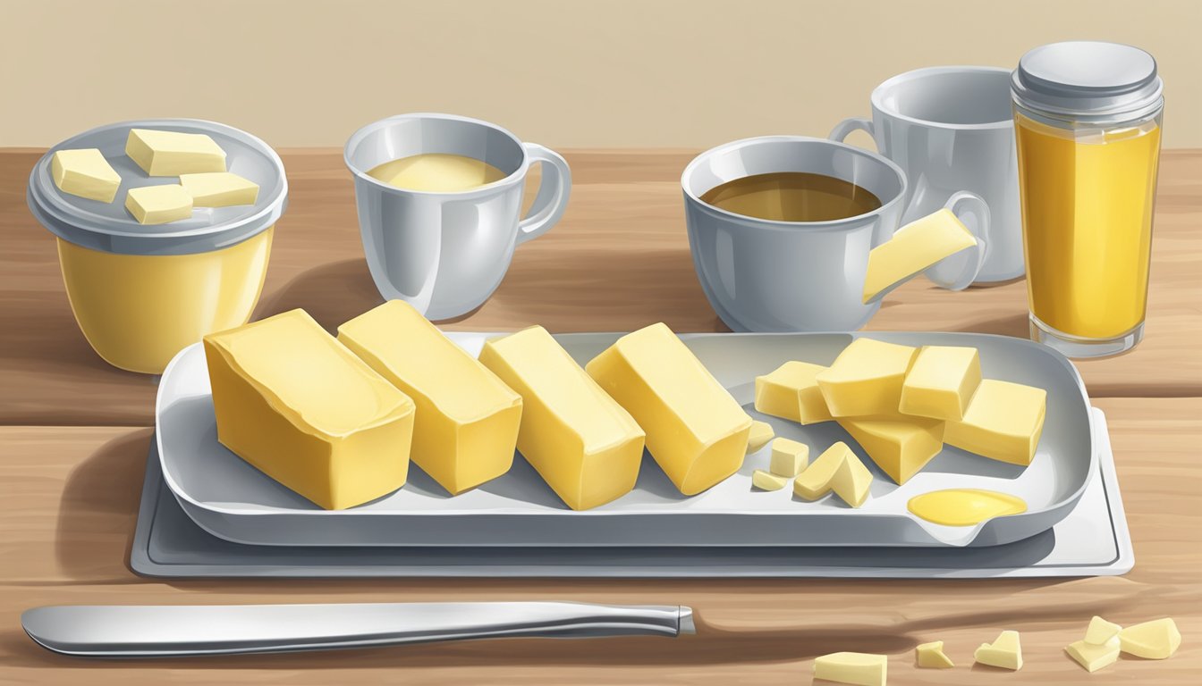 A stick of butter being sliced and measured with tablespoons and cups on a kitchen counter