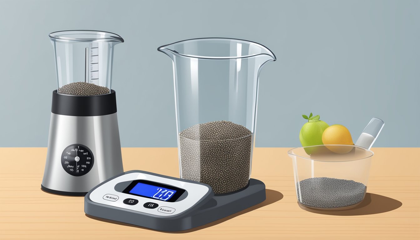 A clear measuring cup filled with chia seeds, next to a digital scale displaying the weight of one pound