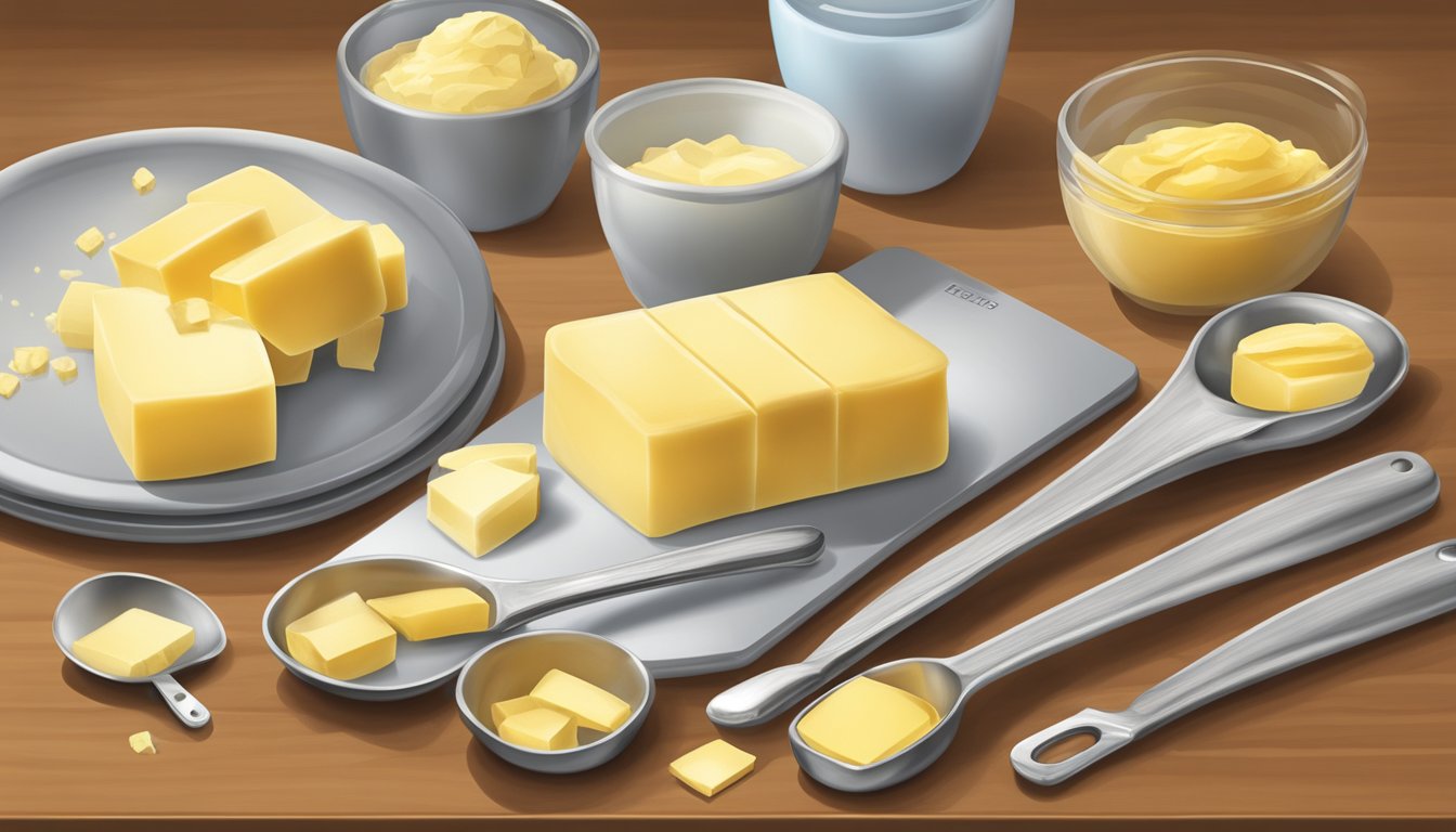 A stick of butter being cut into tablespoon-sized portions and measured in a set of measuring spoons and cups on a kitchen counter