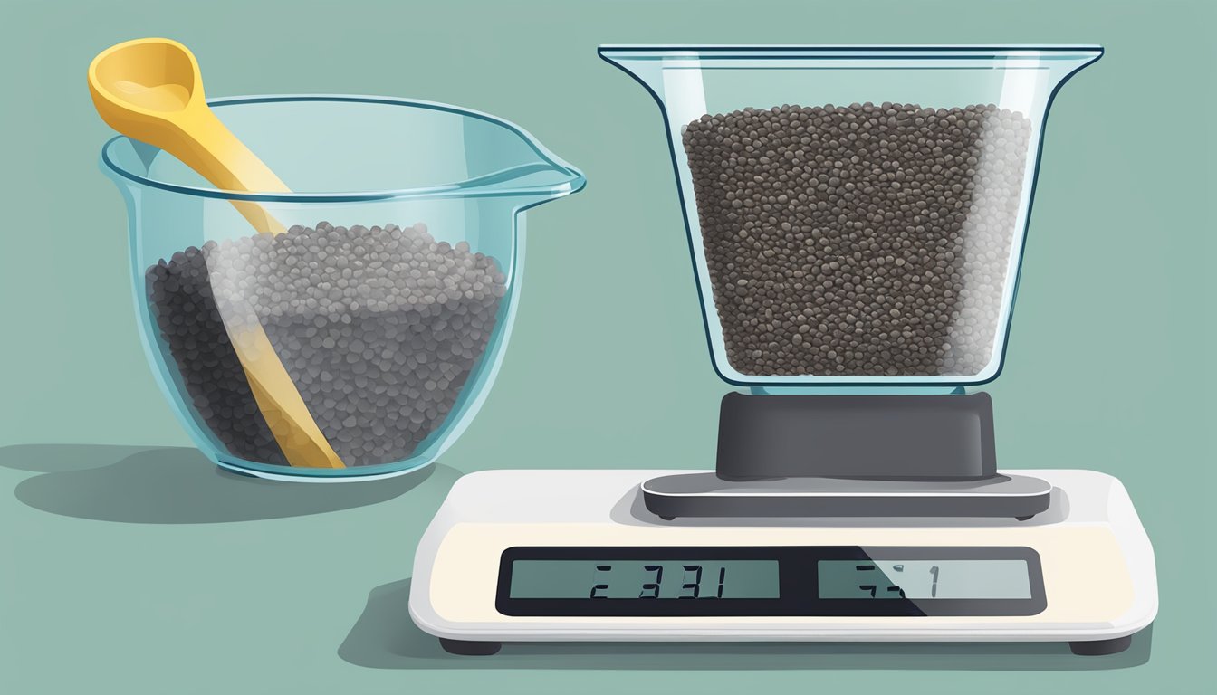 A measuring cup filled with chia seeds, next to a digital scale displaying one pound