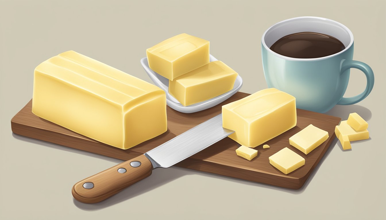 A stick of butter being sliced and measured in tablespoons and cups