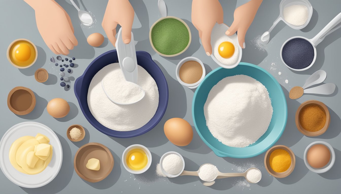 A hand reaching for measuring cups and spoons on a kitchen counter, surrounded by various ingredients like flour, sugar, and eggs