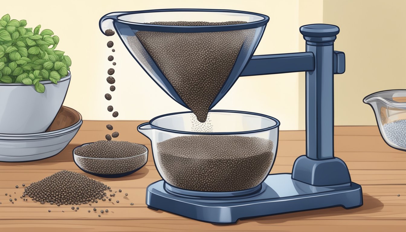 A measuring cup pouring chia seeds into a scale, showing one pound of chia seeds