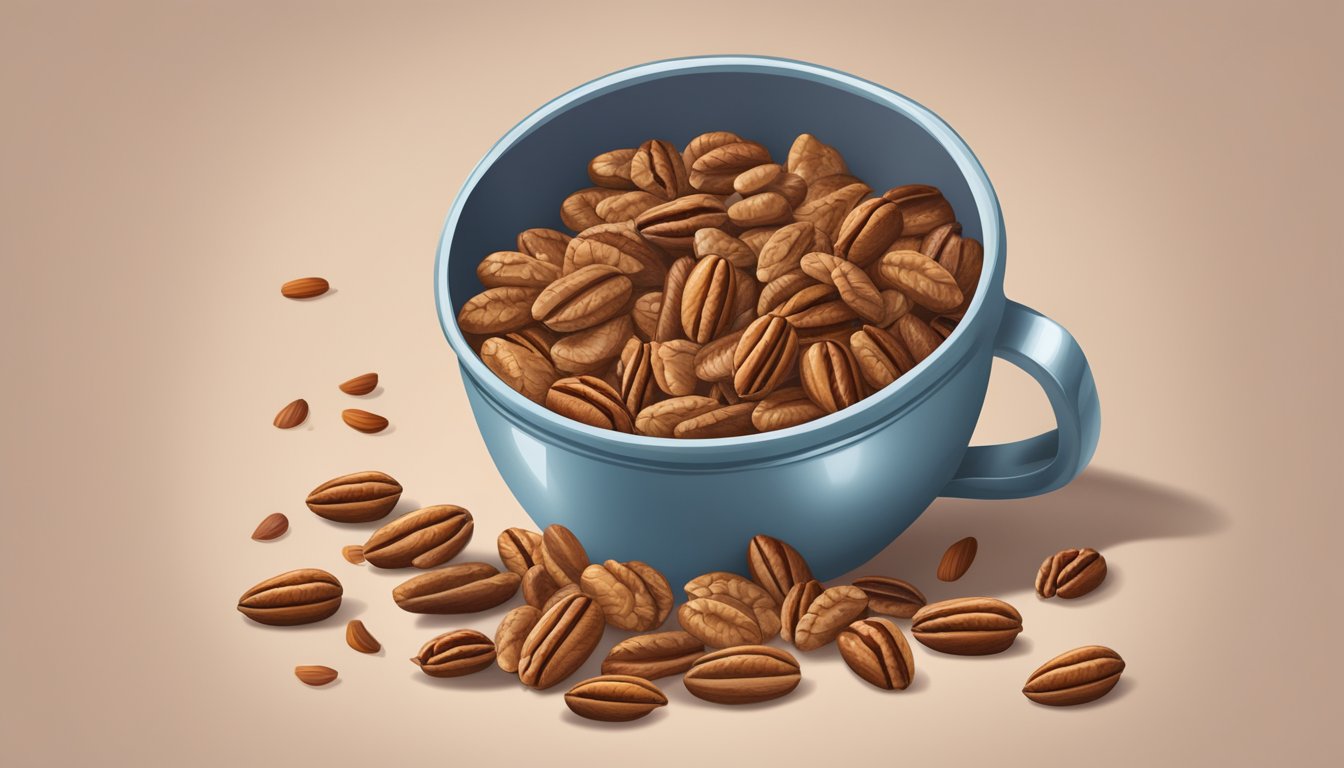 A mound of pecans spills out of a measuring cup, with scattered nuts around it