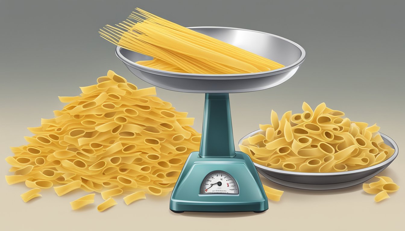 A scale with a pound of pasta on one side and 16 ounces on the other