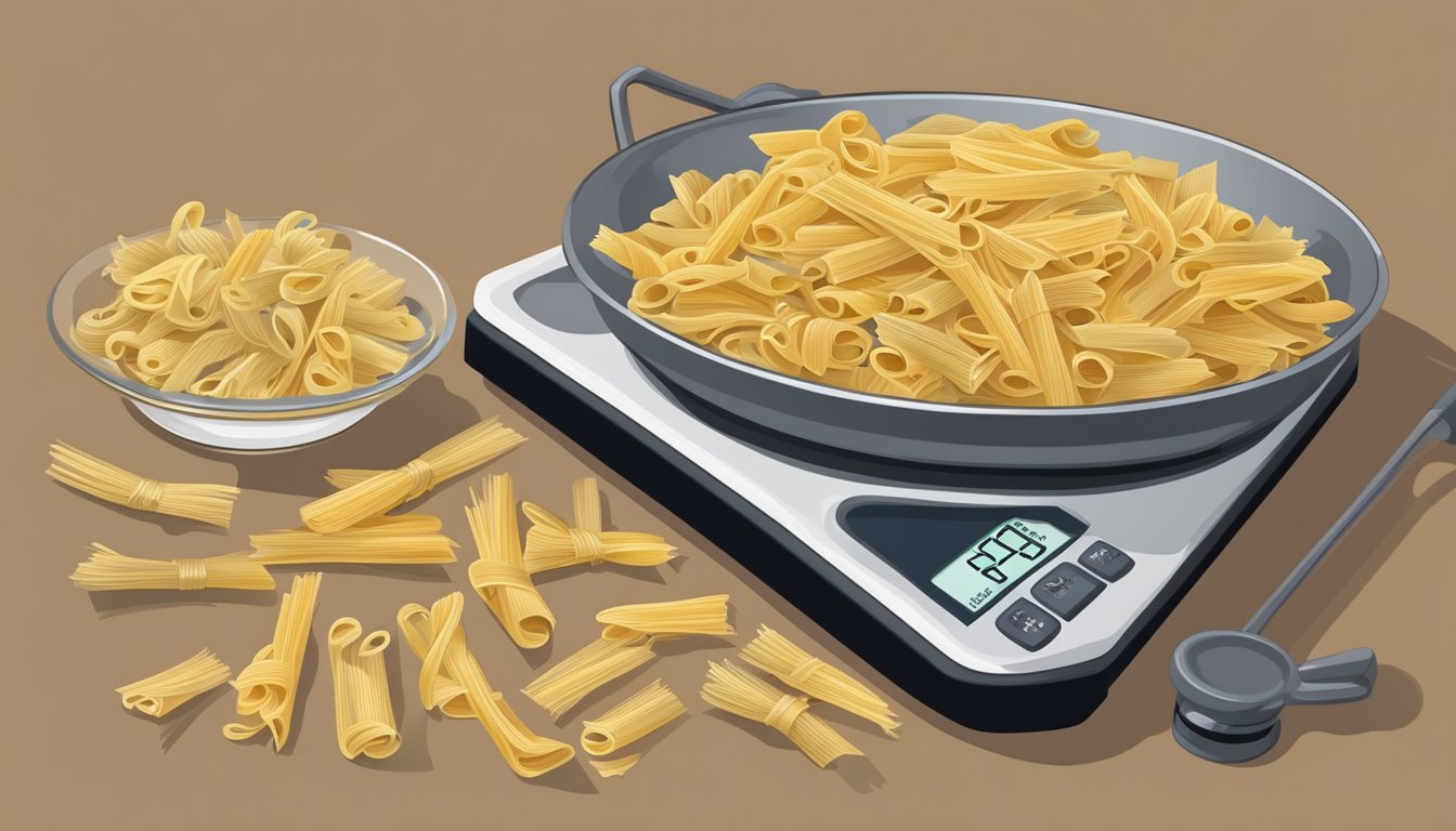 A pound of pasta, including spaghetti, penne, and farfalle, sits on a scale with the weight displayed in ounces