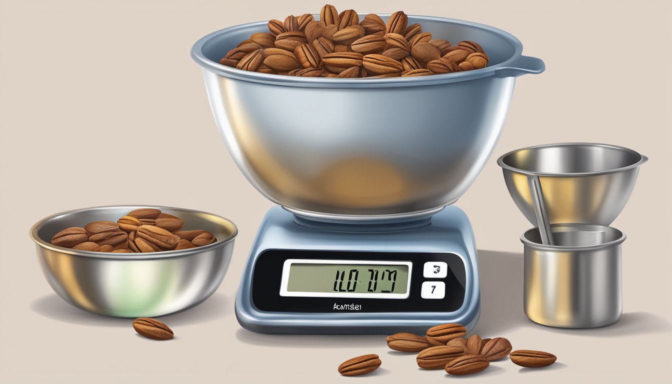 A scale with a pound of pecans and a measuring cup