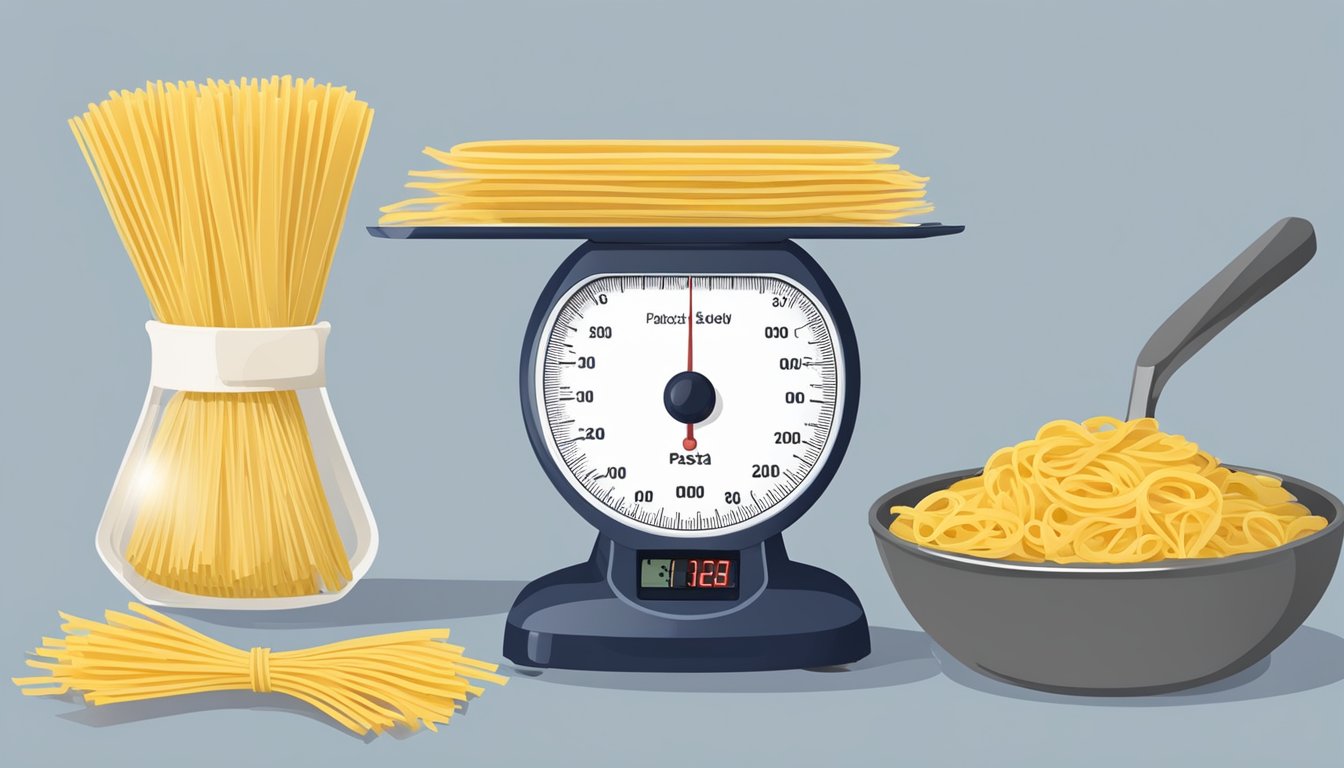 A digital scale displaying 16 ounces of pasta, with a measuring cup and a pound weight nearby