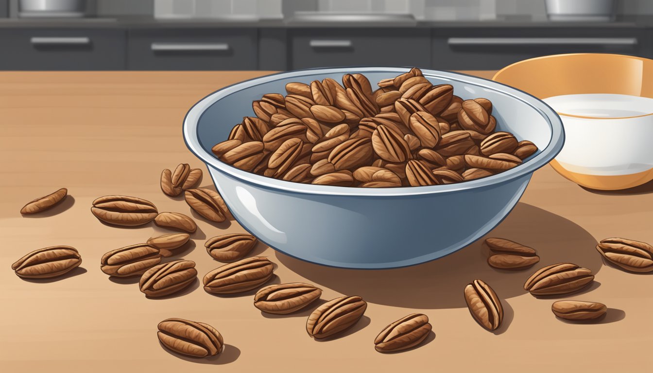 A pound of pecans spilling out of a measuring cup onto a kitchen counter