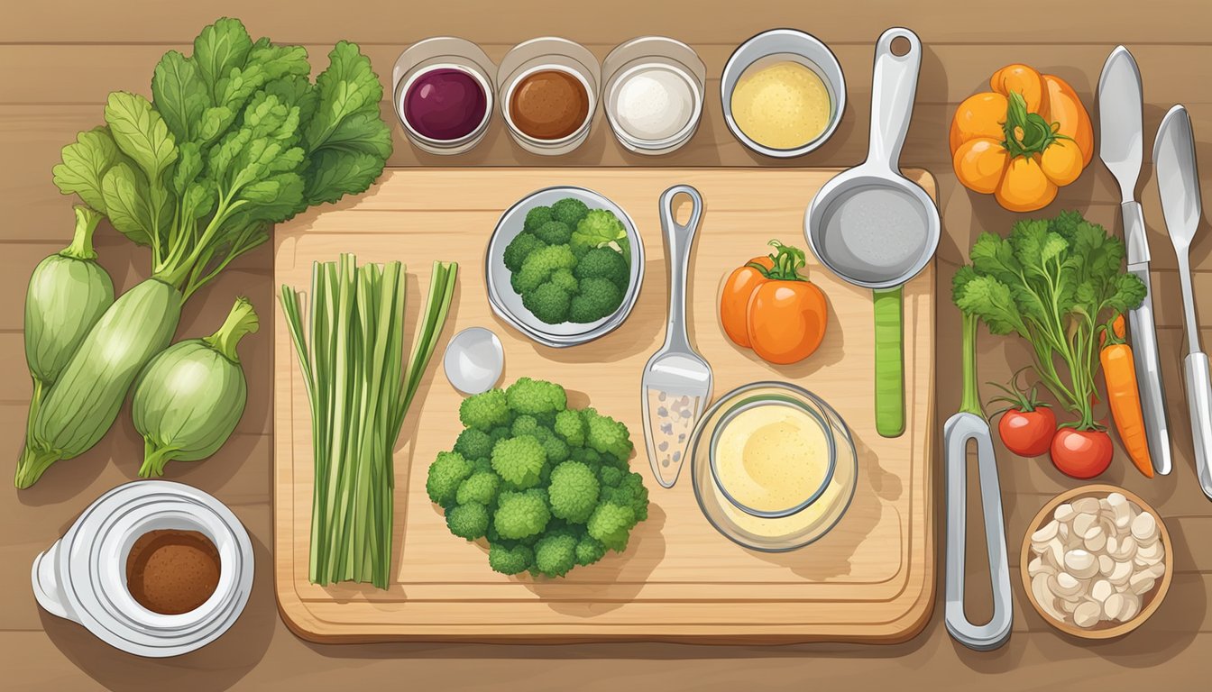 A wooden cutting board with various fresh vegetables and a set of measuring cups and spoons arranged neatly next to a recipe book