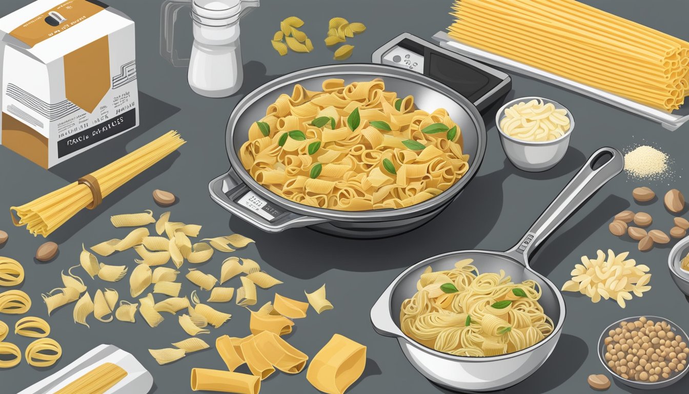 A scale measuring 16 ounces of pasta, alongside a labeled package of pasta, and various cooking ingredients and utensils