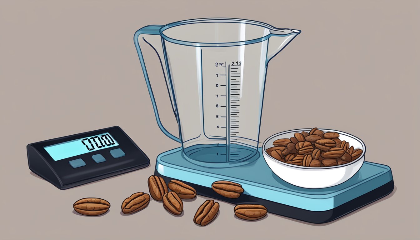 A measuring cup filled with pecans, next to a digital scale displaying 1 pound