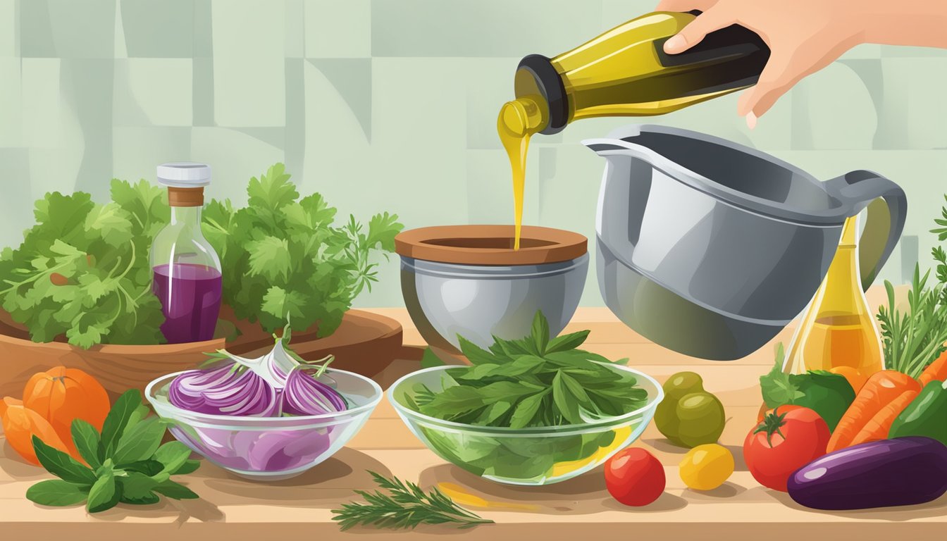 A hand pouring olive oil, vinegar, and herbs into a measuring cup, surrounded by fresh vegetables and a mixing bowl