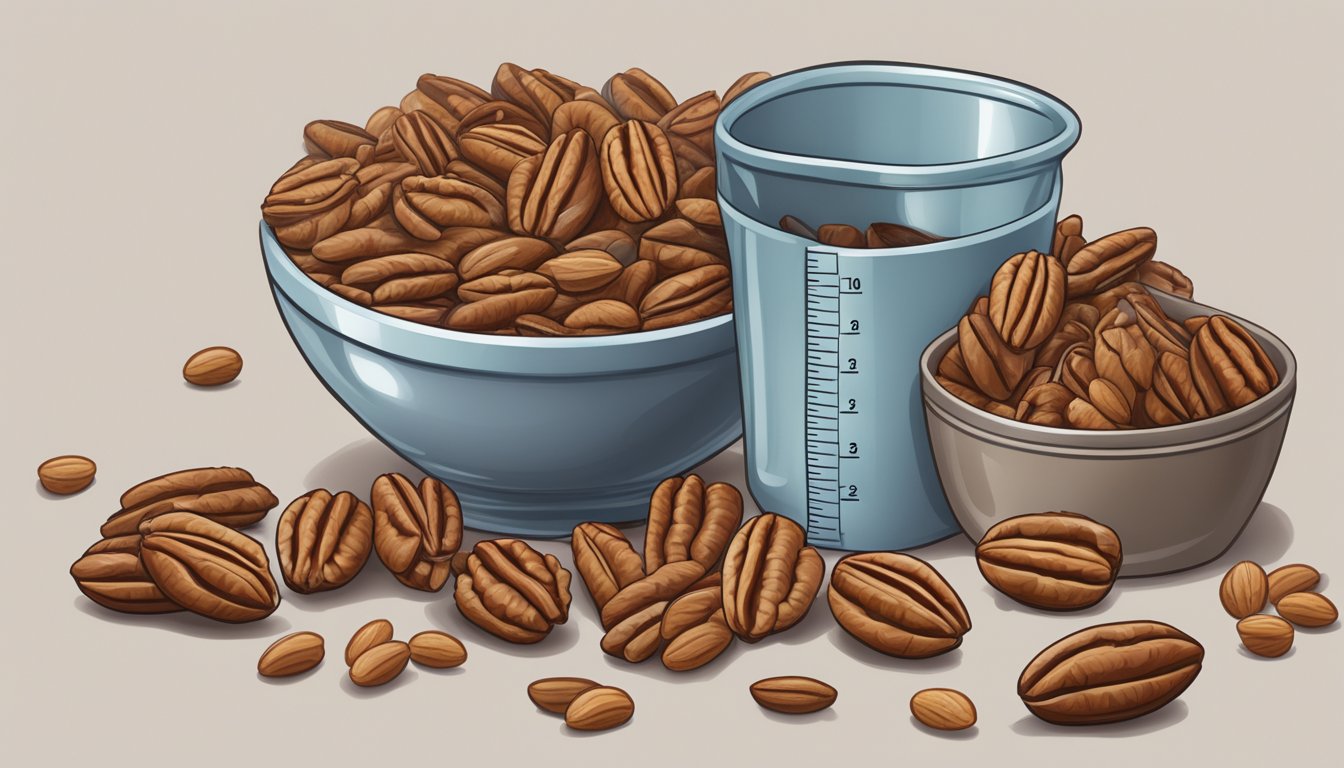 A pound of pecans spilling out of a measuring cup, surrounded by scattered pecans and a measuring scale