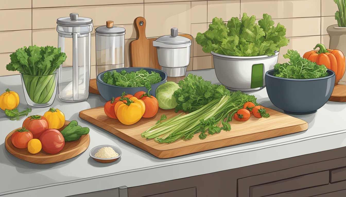 A cutting board with various vegetables, a measuring cup, and a bowl of mixed greens on a kitchen counter