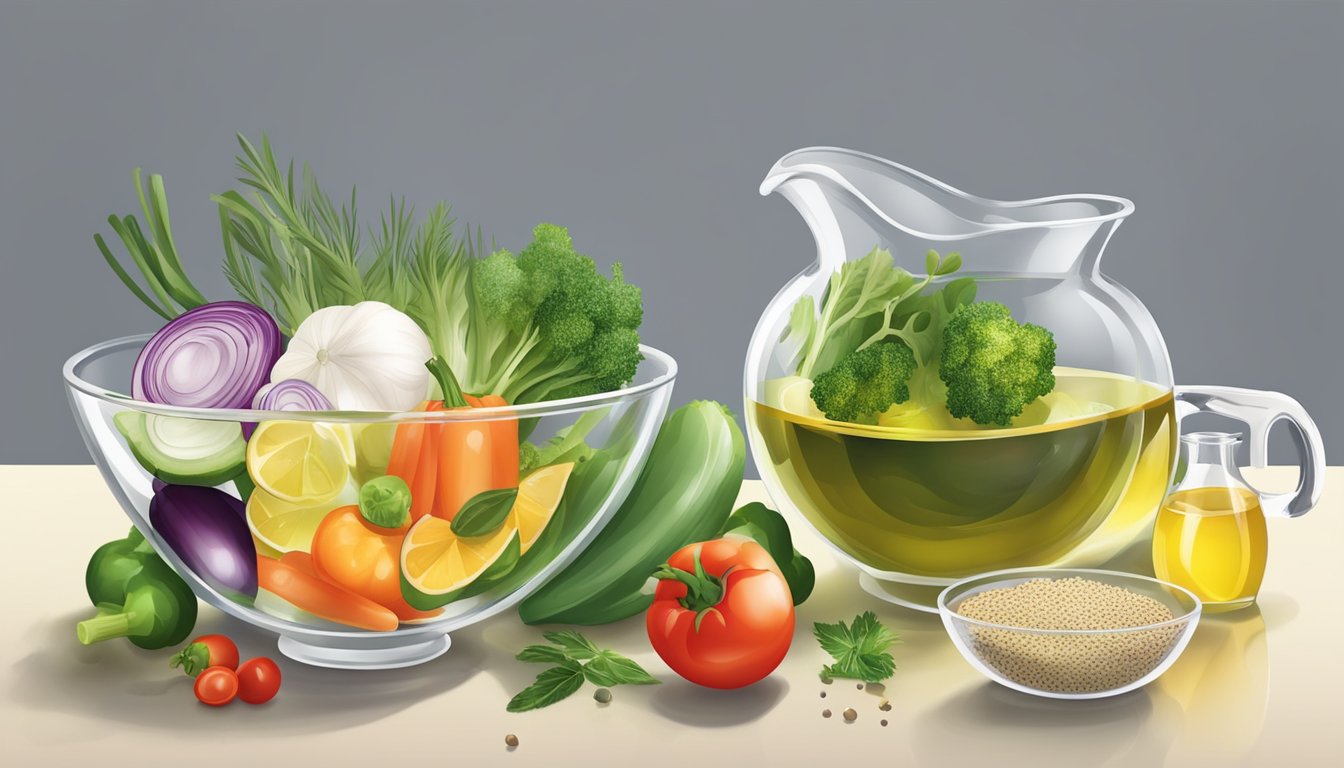 A clear glass bowl filled with a variety of fresh vegetables, a measuring cup pouring olive oil, and a sprinkle of salt and pepper over the top