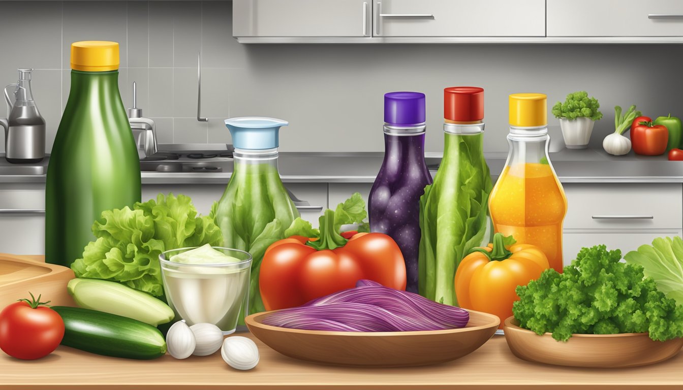 A kitchen counter with assorted fresh vegetables, measuring cups, and bottles of salad dressings