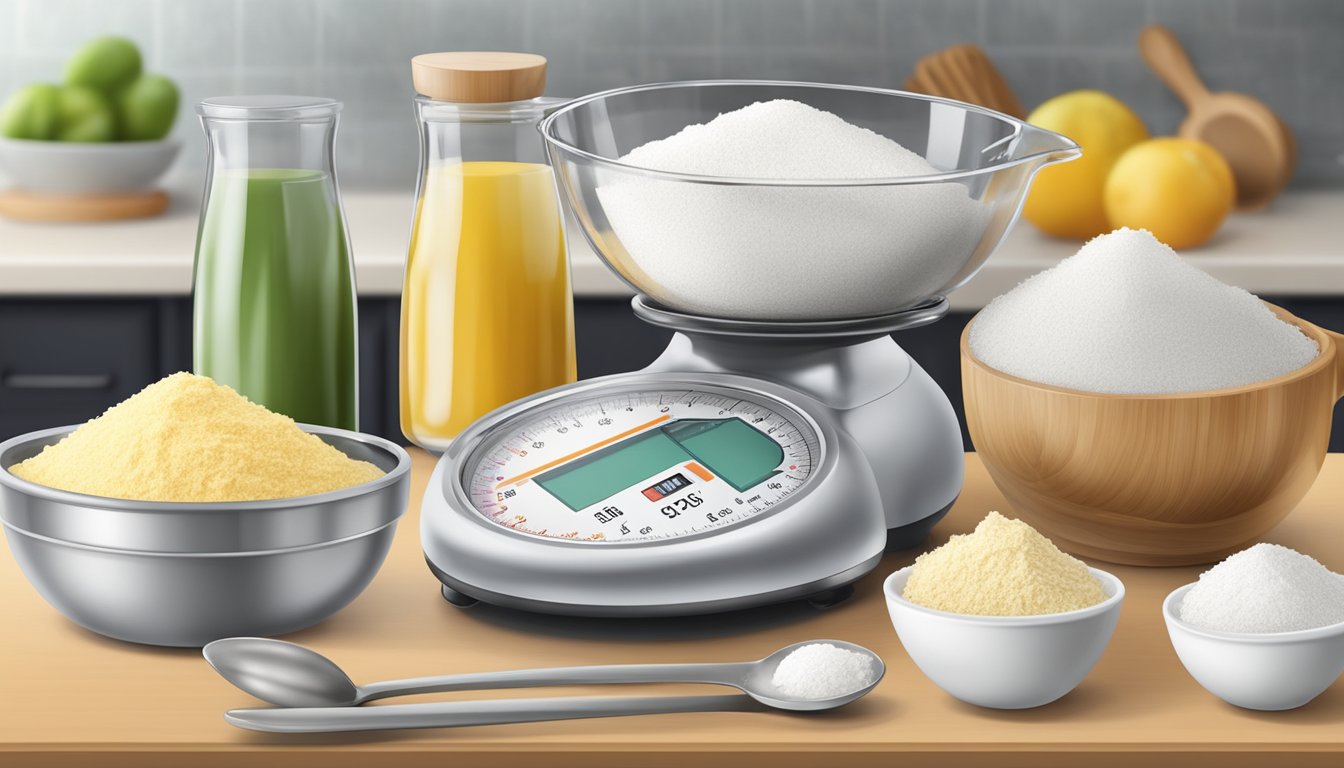 A kitchen scale with various ingredients (sugar, flour, butter) in separate measuring cups and spoons, arranged on a clean countertop