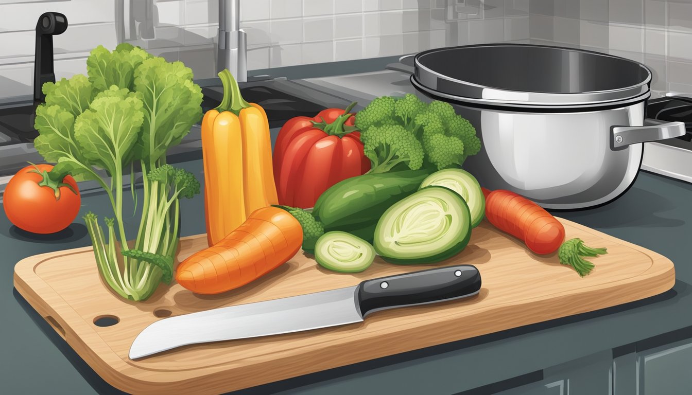 A cutting board with various vegetables, a measuring cup, and a bowl on a kitchen counter