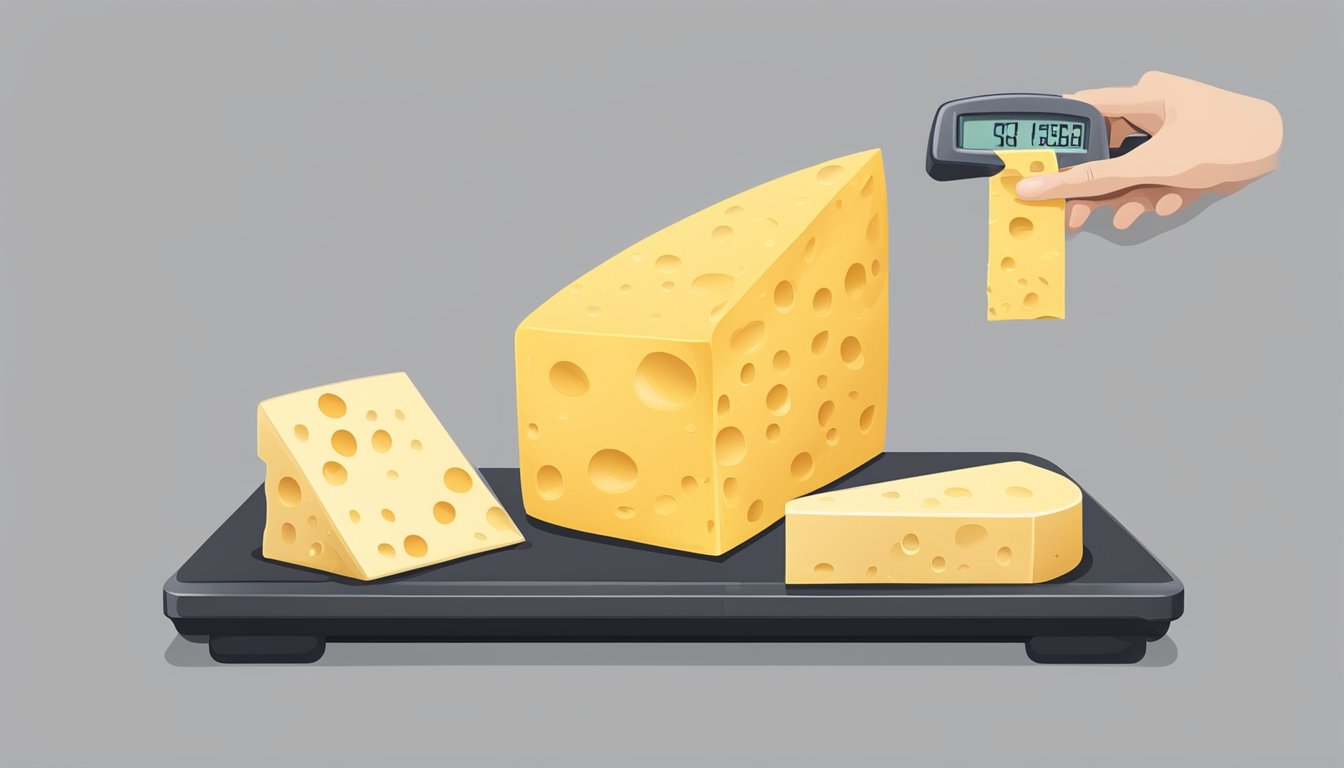 A slice of cheese being measured by a scale with ounces displayed