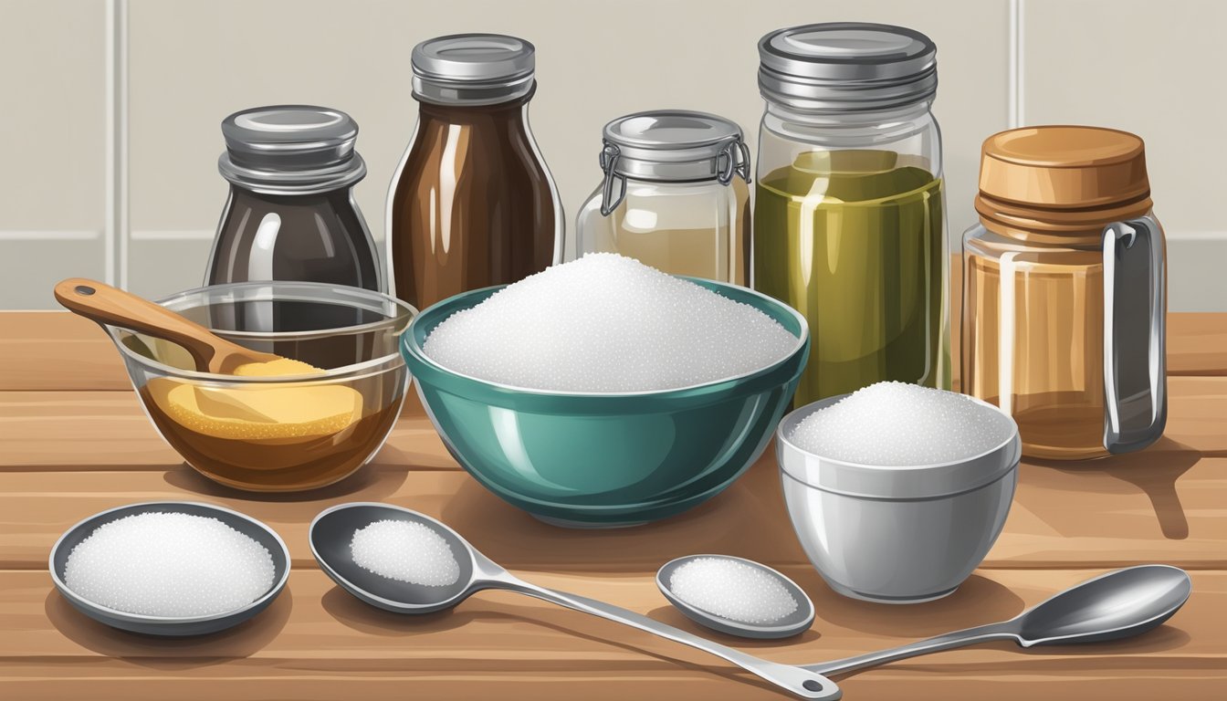 A set of measuring cups and spoons arranged neatly next to a bowl of sugar and a jar of vanilla extract on a kitchen counter