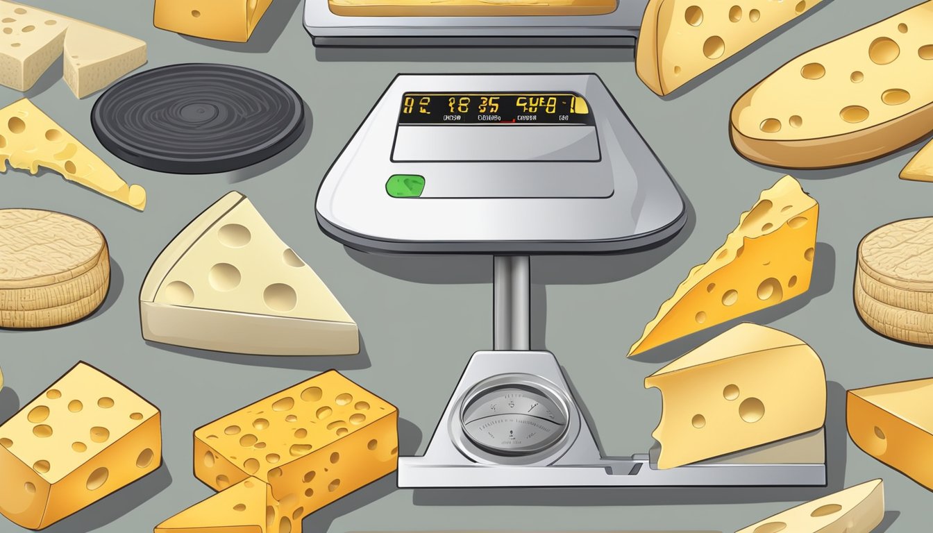 A variety of cheese slices on a scale, with the weight displayed in ounces