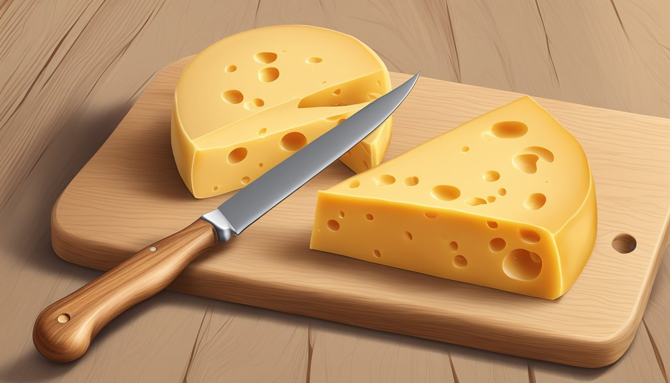 A slice of cheese, measuring 1 ounce, sits on a wooden cutting board next to a cheese knife and a wedge of cheese