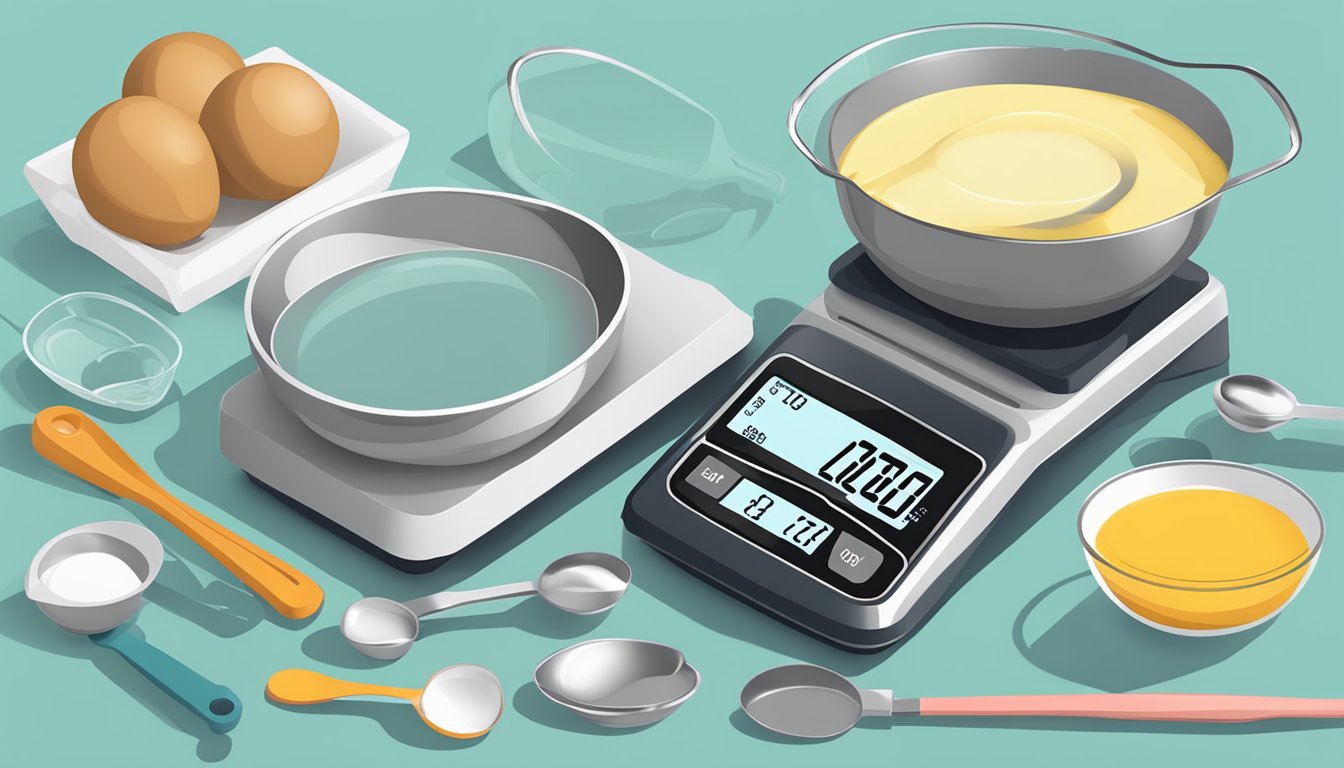 A digital kitchen scale with various measuring spoons and cups arranged neatly on a clean, well-lit countertop