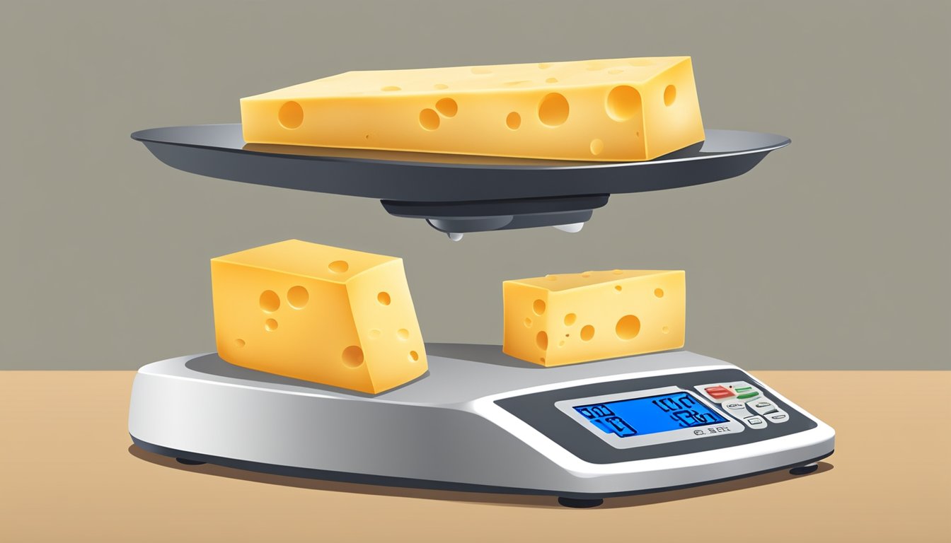 A slice of cheese being placed on a digital scale, with the weight displayed in ounces