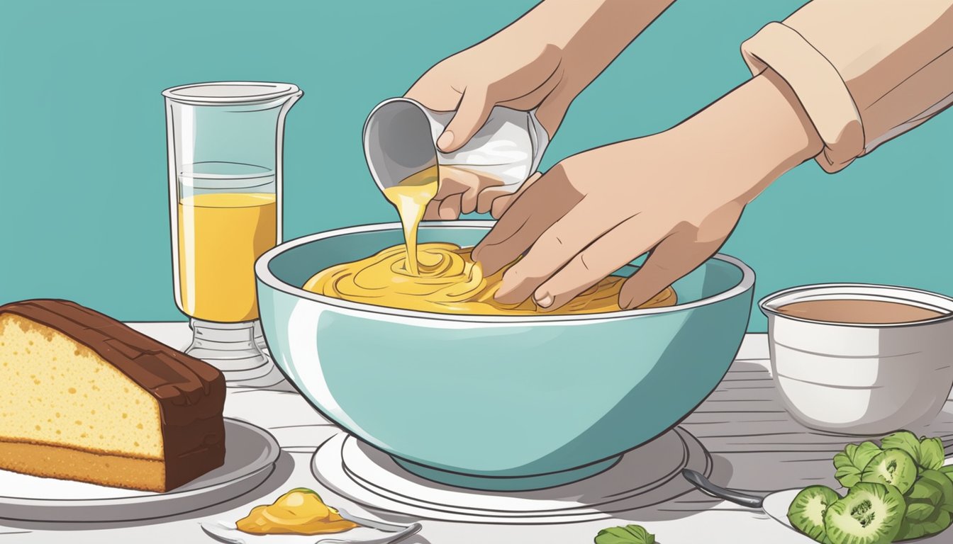 A hand pouring measured ingredients into a mixing bowl for a cake topping