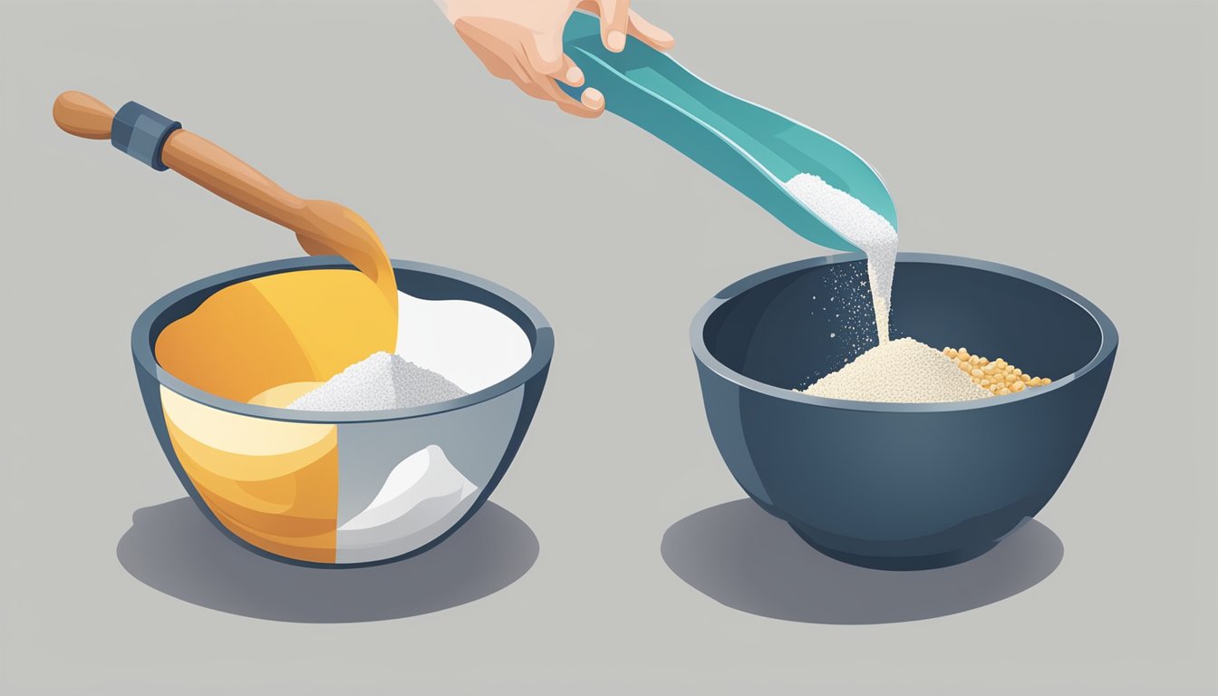 A hand pouring measured ingredients into a mixing bowl