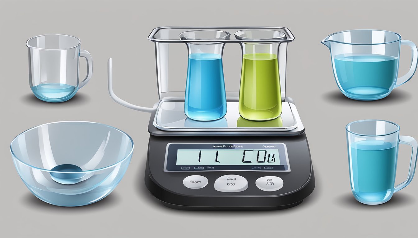 A digital scale with a bowl of water and various measuring cups and spoons