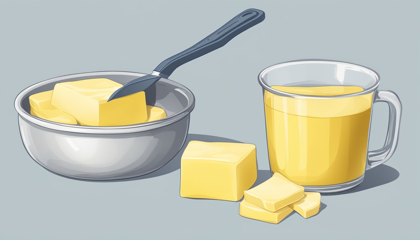 A stick of butter next to a measuring cup, with the cup filled to the brim with butter