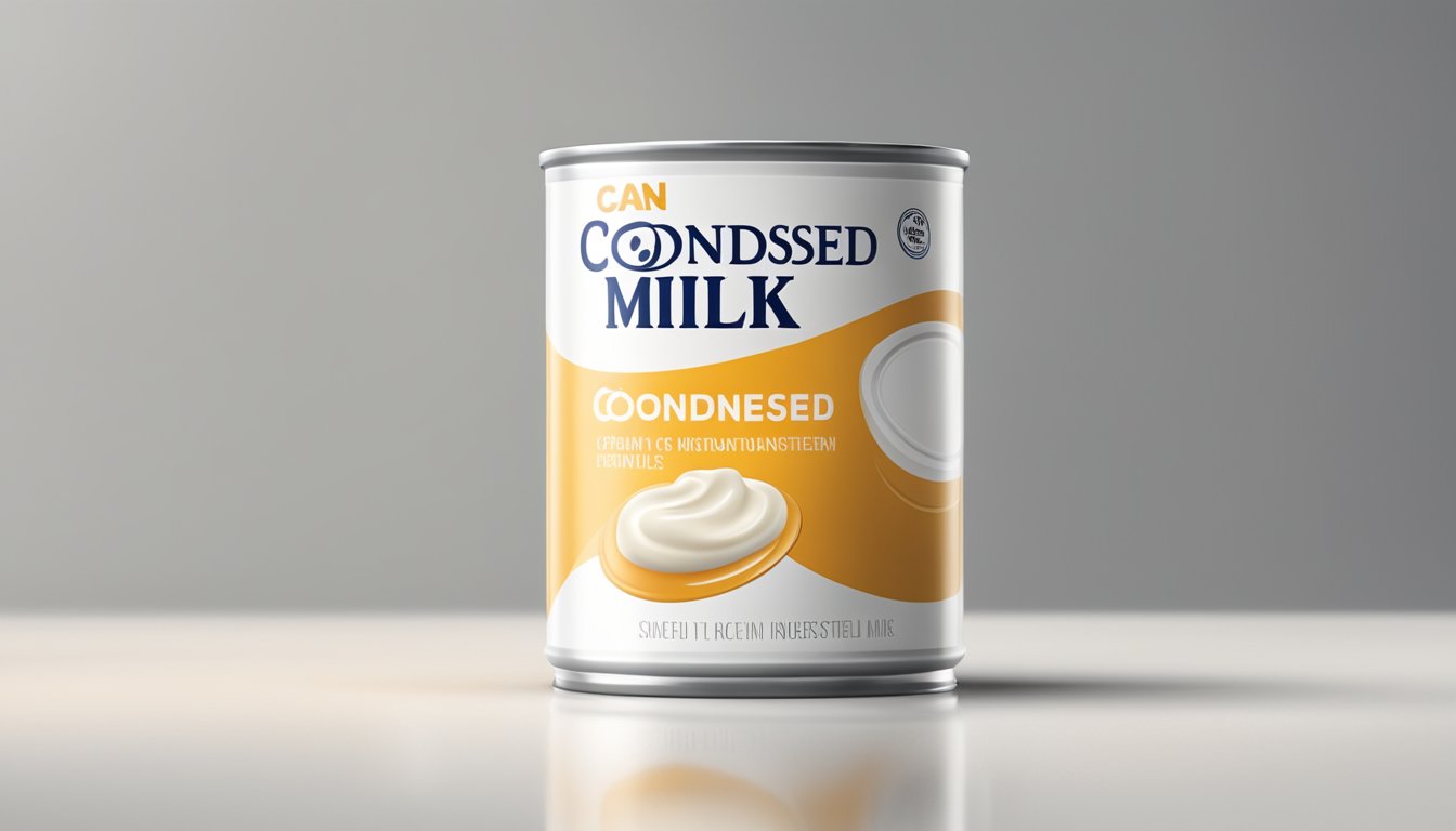 A can of condensed milk sits on a clean, white countertop, its label facing outward. The can is open, revealing a creamy, thick substance inside